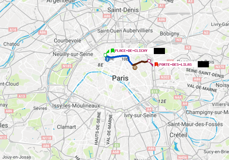 plan itinéraire ratp de Place de Clichy à Porte des Lilas