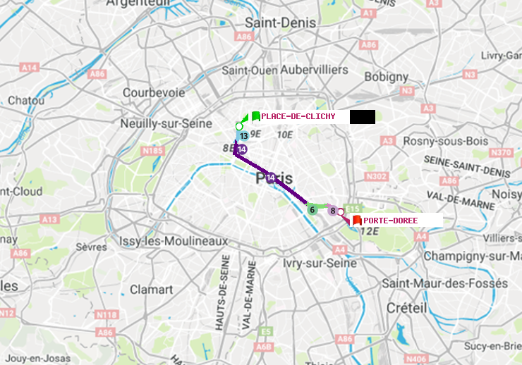 plan itinéraire ratp de Place de Clichy à Porte Dorée