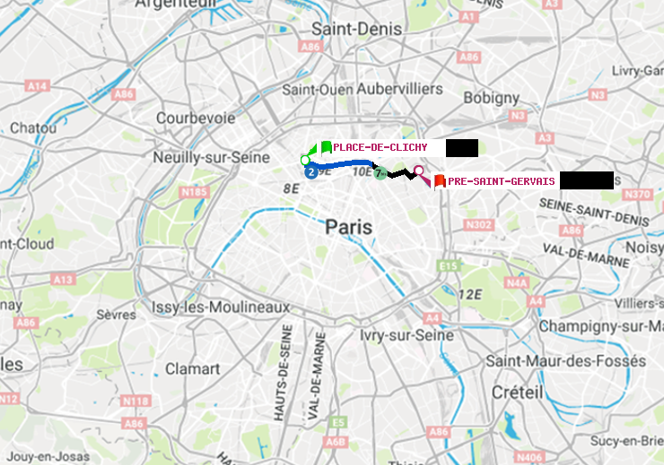 plan itinéraire ratp de Place de Clichy à Pré-Saint-Gervais