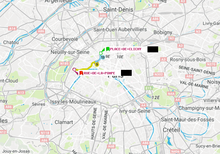 plan itinéraire ratp de Place de Clichy à Rue de la Pompe (Avenue Georges Mandel)