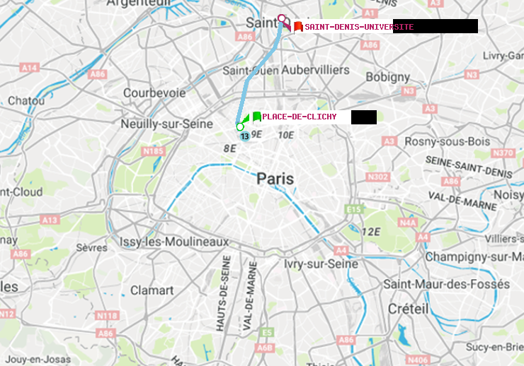 plan itinéraire ratp de Place de Clichy à Saint-Denis-Universite