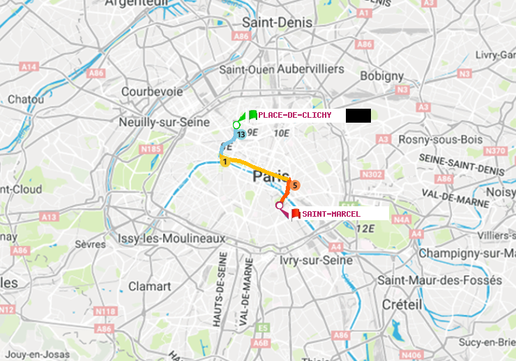 plan itinéraire ratp de Place de Clichy à Saint-Marcel