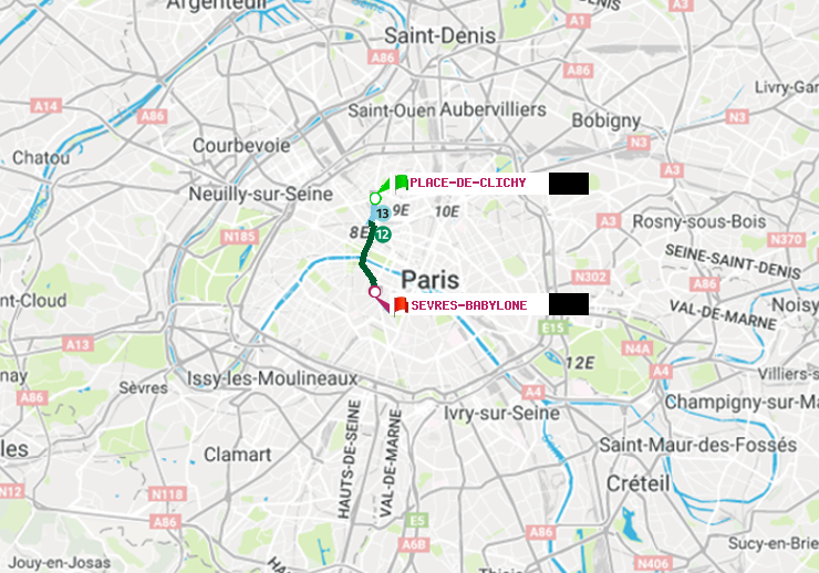 plan itinéraire ratp de Place de Clichy à Sèvres-Babylone