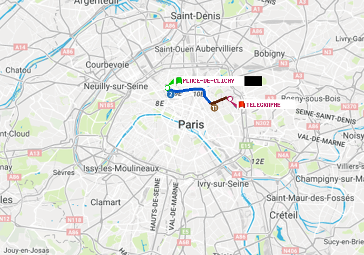 plan itinéraire ratp de Place de Clichy à Telegraphe