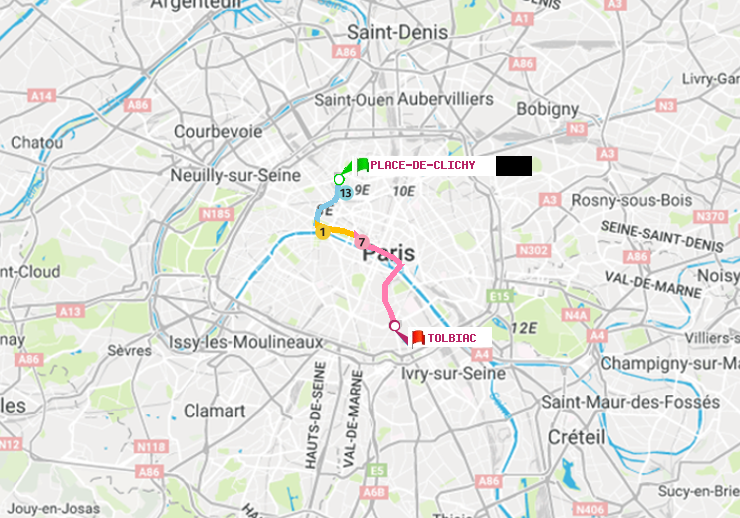 plan itinéraire ratp de Place de Clichy à Tolbiac