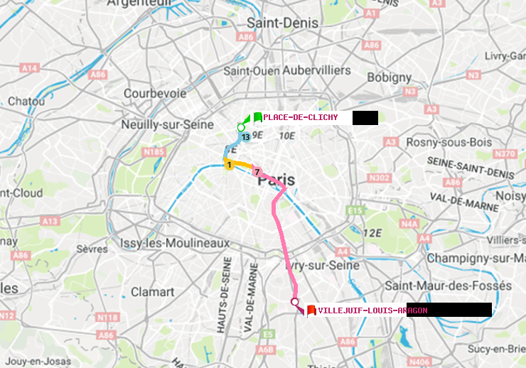 plan itinéraire ratp de Place de Clichy à Villejuif-Louis Aragon