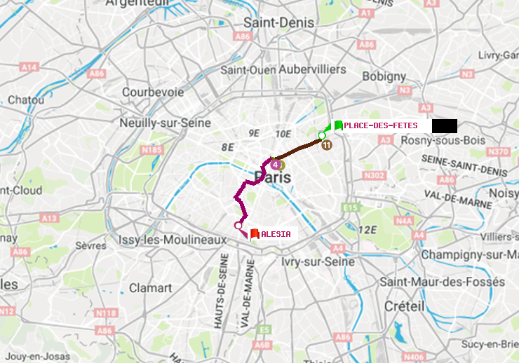 plan itinéraire ratp de Place des Fêtes à Alésia