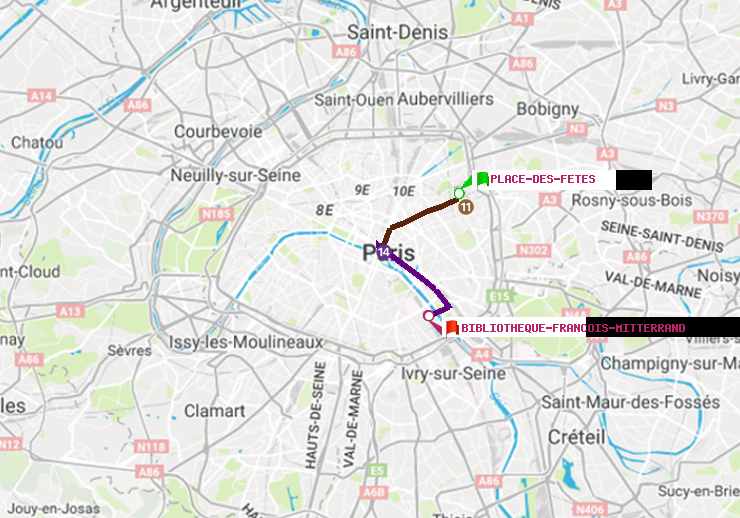 plan itinéraire ratp de Place des Fêtes à Bibliotheque-Francois Mitterrand