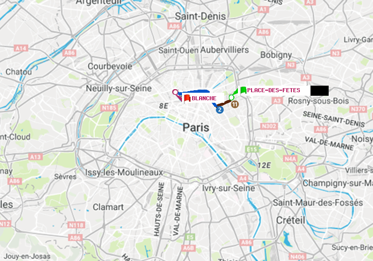 plan itinéraire ratp de Place des Fêtes à Blanche