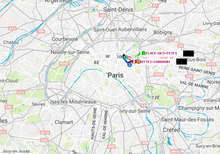 plan itinéraire ratp de Place des Fêtes à Buttes-Chaumont