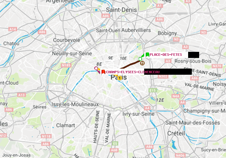 plan itinéraire ratp de Place des Fêtes à Champs-Elysées-Clémenceau