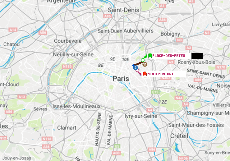 plan itinéraire ratp de Place des Fêtes à Ménilmontant
