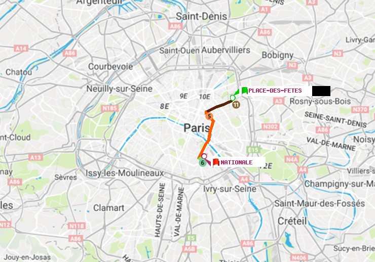 plan itinéraire ratp de Place des Fêtes à Nationale