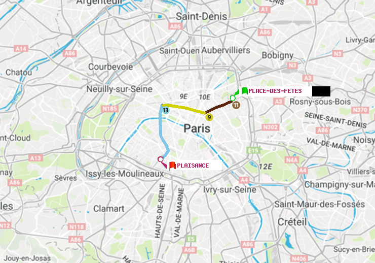 plan itinéraire ratp de Place des Fêtes à Plaisance