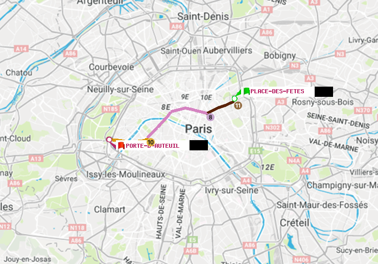 plan itinéraire ratp de Place des Fêtes à Porte d