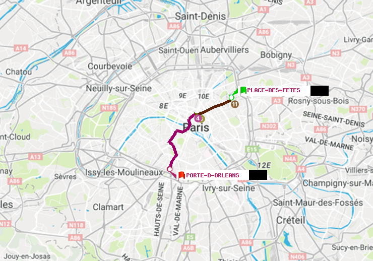 plan itinéraire ratp de Place des Fêtes à Porte d