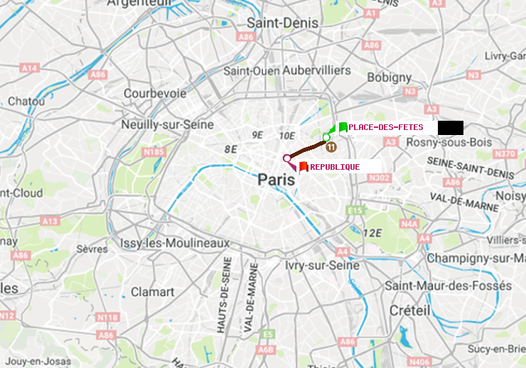 plan itinéraire ratp de Place des Fêtes à République
