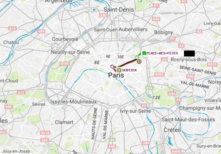 plan itinéraire ratp de Place des Fêtes à Sentier