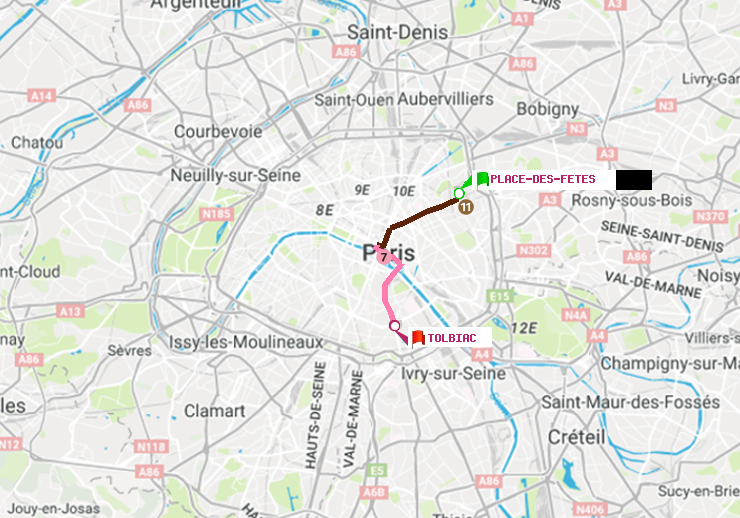 plan itinéraire ratp de Place des Fêtes à Tolbiac