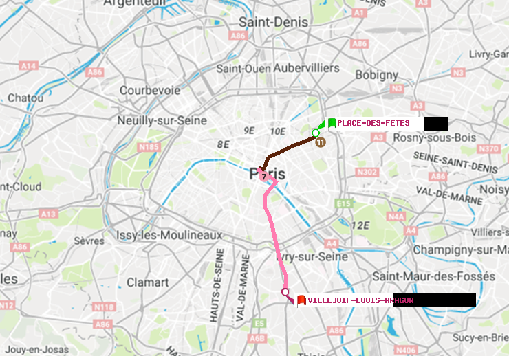 plan itinéraire ratp de Place des Fêtes à Villejuif-Louis Aragon
