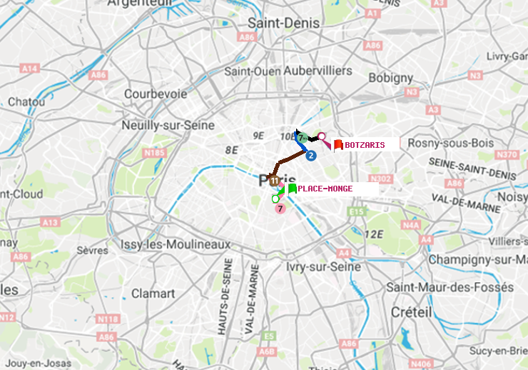 plan itinéraire ratp de Place Monge (Jardin des Plantes) à Botzaris