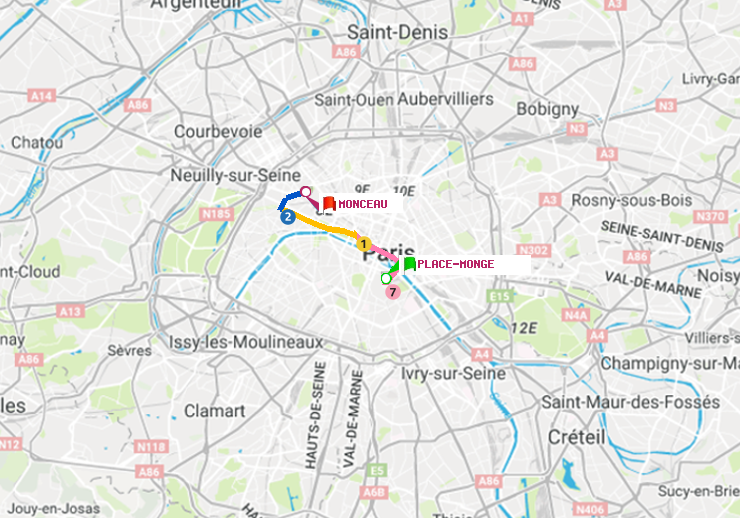 plan itinéraire ratp de Place Monge (Jardin des Plantes) à Monceau
