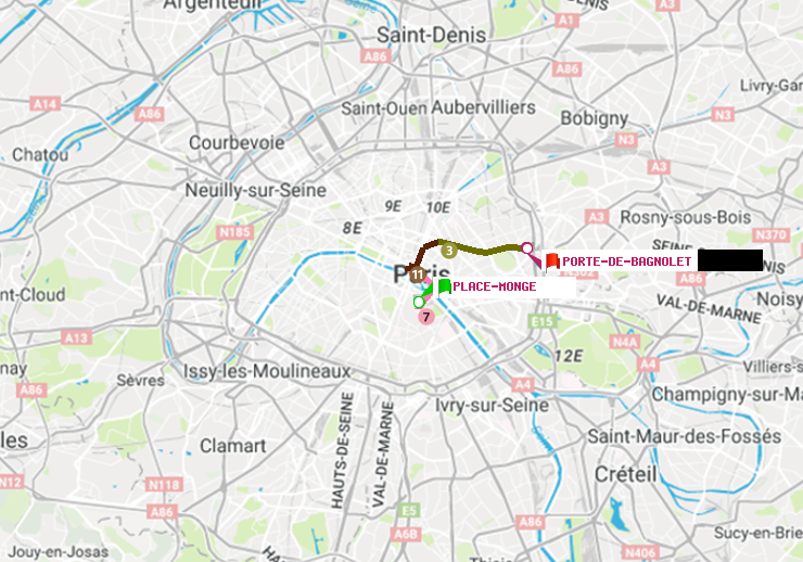 plan itinéraire ratp de Place Monge (Jardin des Plantes) à Porte de Bagnolet