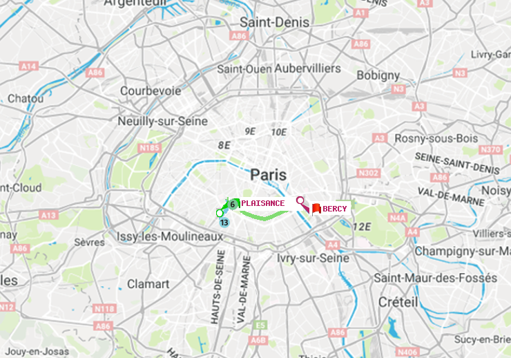 plan itinéraire ratp de Plaisance à Bercy