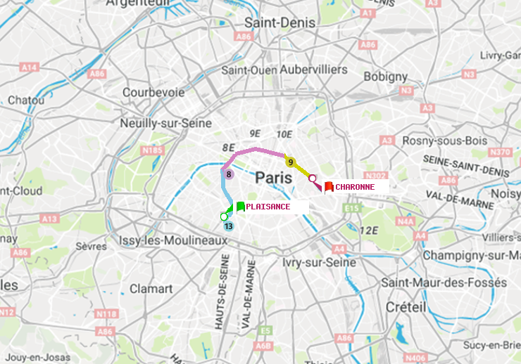 plan itinéraire ratp de Plaisance à Charonne