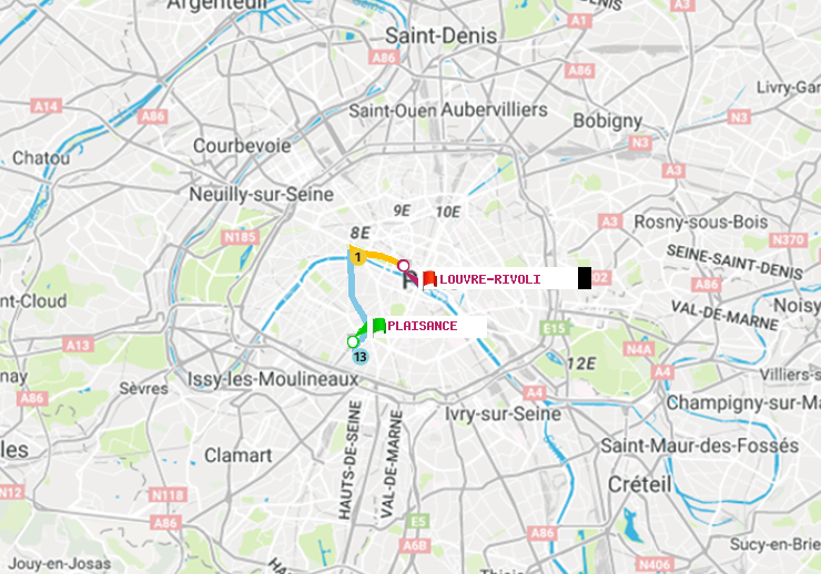 plan itinéraire ratp de Plaisance à Louvre-Rivoli