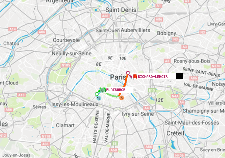 plan itinéraire ratp de Plaisance à Richard-Lenoir