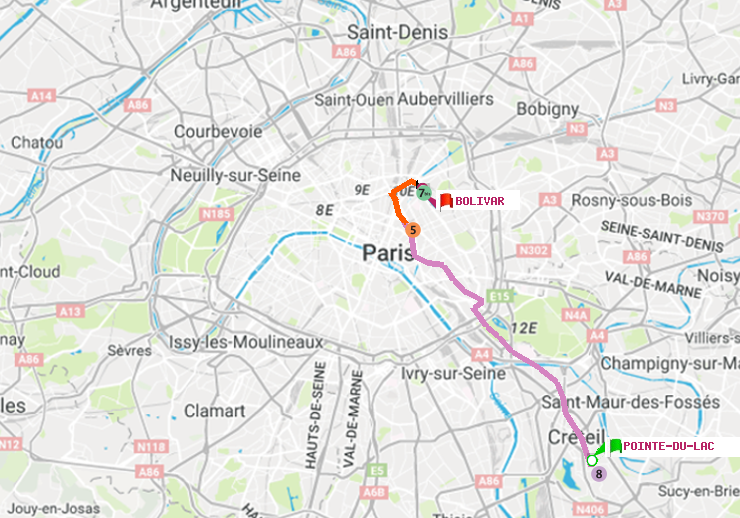 plan itinéraire ratp de Pointe du Lac à Bolivar