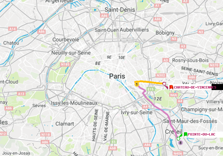 plan itinéraire ratp de Pointe du Lac à Château de Vincennes