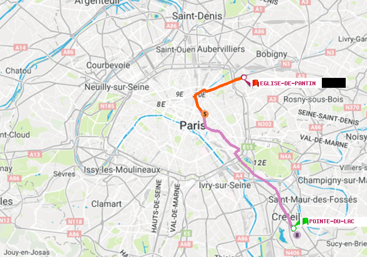 plan itinéraire ratp de Pointe du Lac à Eglise de Pantin