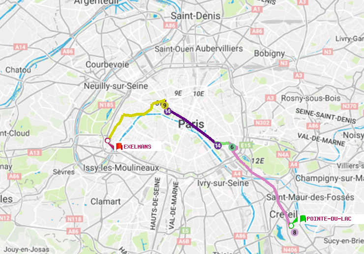 plan itinéraire ratp de Pointe du Lac à Exelmans