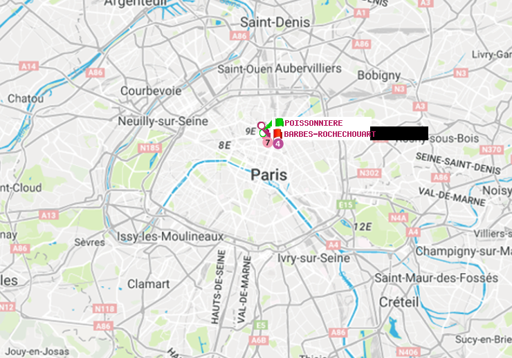 plan itinéraire ratp de Poissonnière à Barbès-Rochechouart