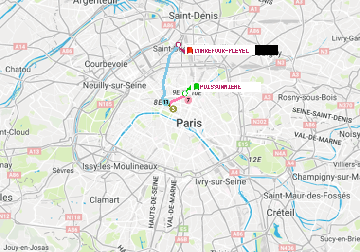 plan itinéraire ratp de Poissonnière à Carrefour-Pleyel