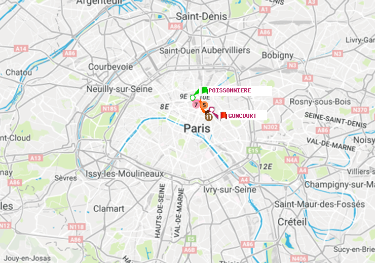 plan itinéraire ratp de Poissonnière à Goncourt (Hôpital Saint-Louis)