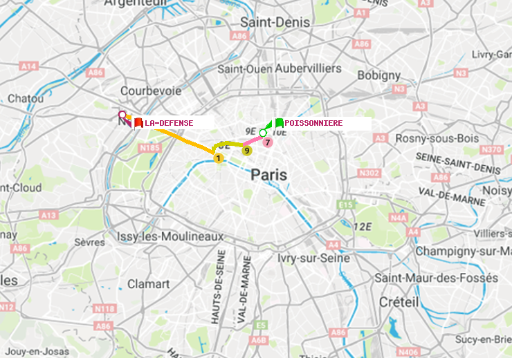 plan itinéraire ratp de Poissonnière à La Défense (Grande Arche)