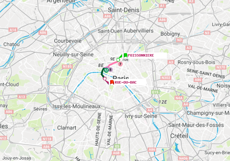 plan itinéraire ratp de Poissonnière à Rue du Bac