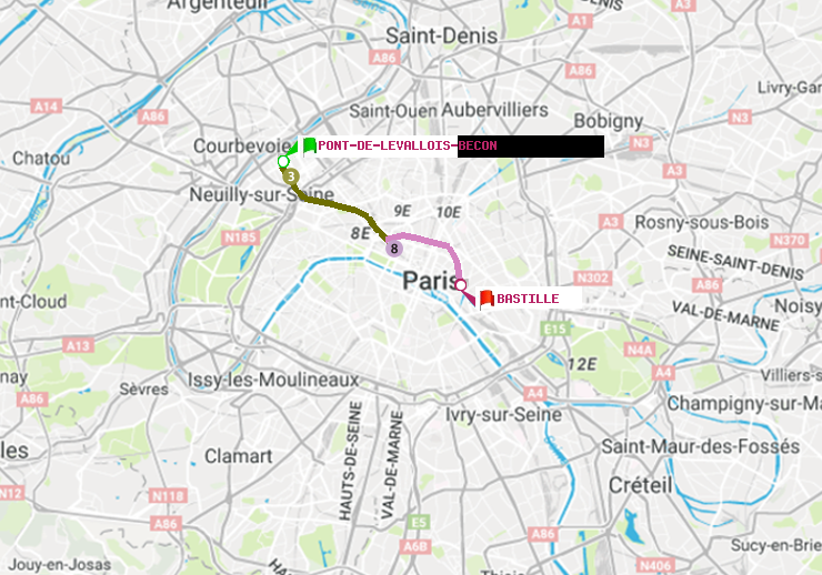 plan itinéraire ratp de Pont de Levallois-Bécon à Bastille