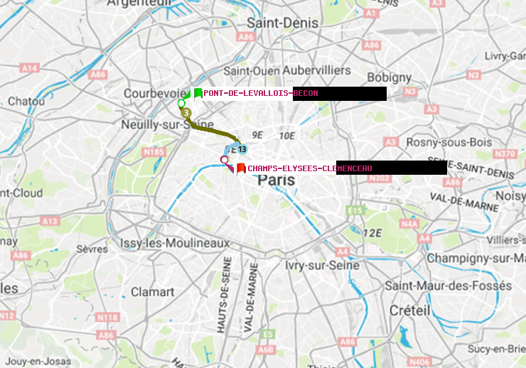 plan itinéraire ratp de Pont de Levallois-Bécon à Champs-Elysées-Clémenceau