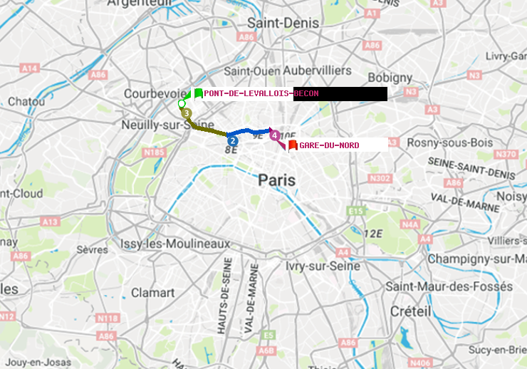 plan itinéraire ratp de Pont de Levallois-Bécon à Gare du Nord