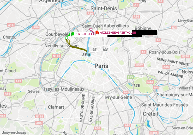 plan itinéraire ratp de Pont de Levallois-Bécon à Mairie de Saint-Ouen