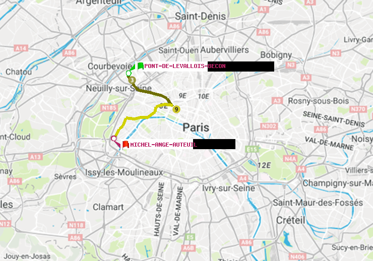 plan itinéraire ratp de Pont de Levallois-Bécon à Michel-Ange-Auteuil