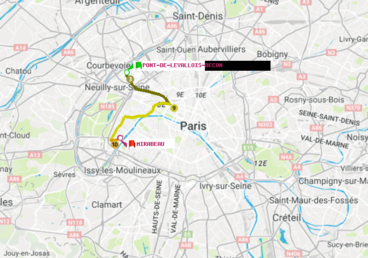 plan itinéraire ratp de Pont de Levallois-Bécon à Mirabeau