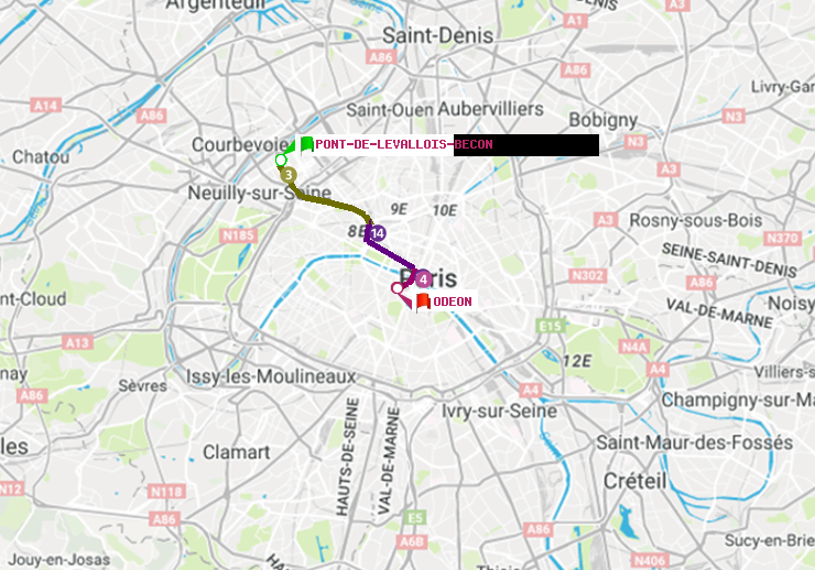 plan itinéraire ratp de Pont de Levallois-Bécon à Odéon