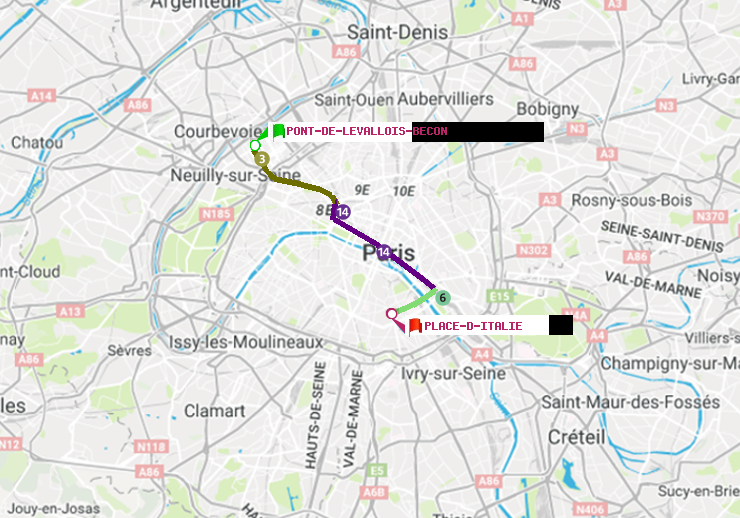 plan itinéraire ratp de Pont de Levallois-Bécon à Place d
