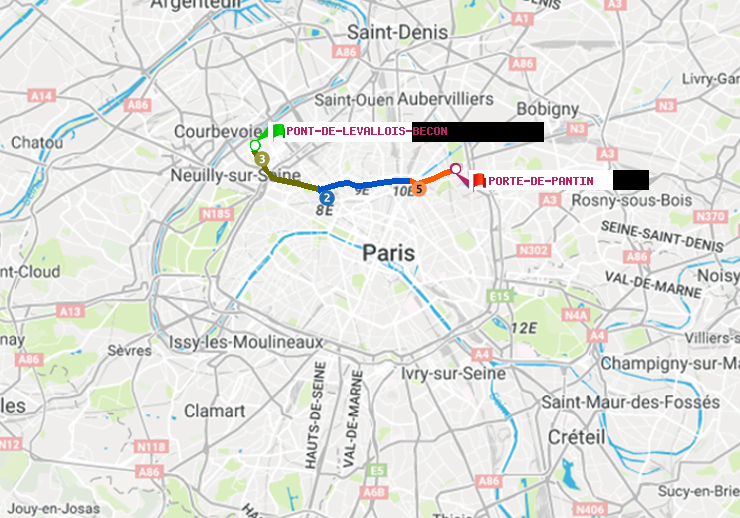 plan itinéraire ratp de Pont de Levallois-Bécon à Porte de Pantin
