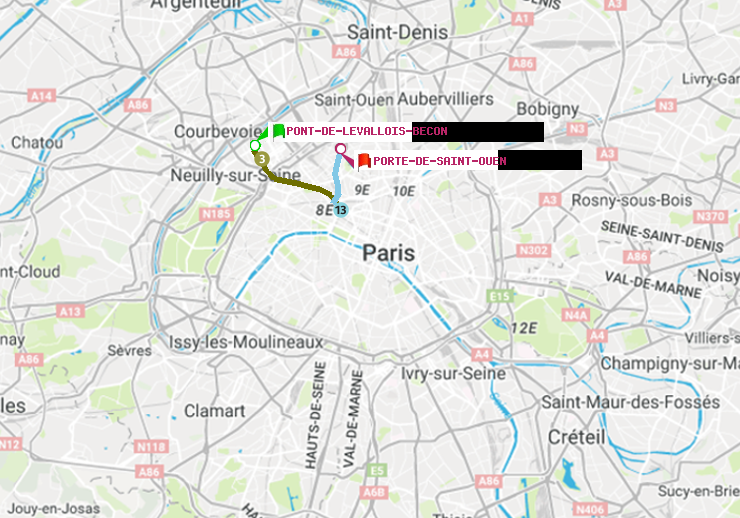 plan itinéraire ratp de Pont de Levallois-Bécon à Porte de Saint-Ouen
